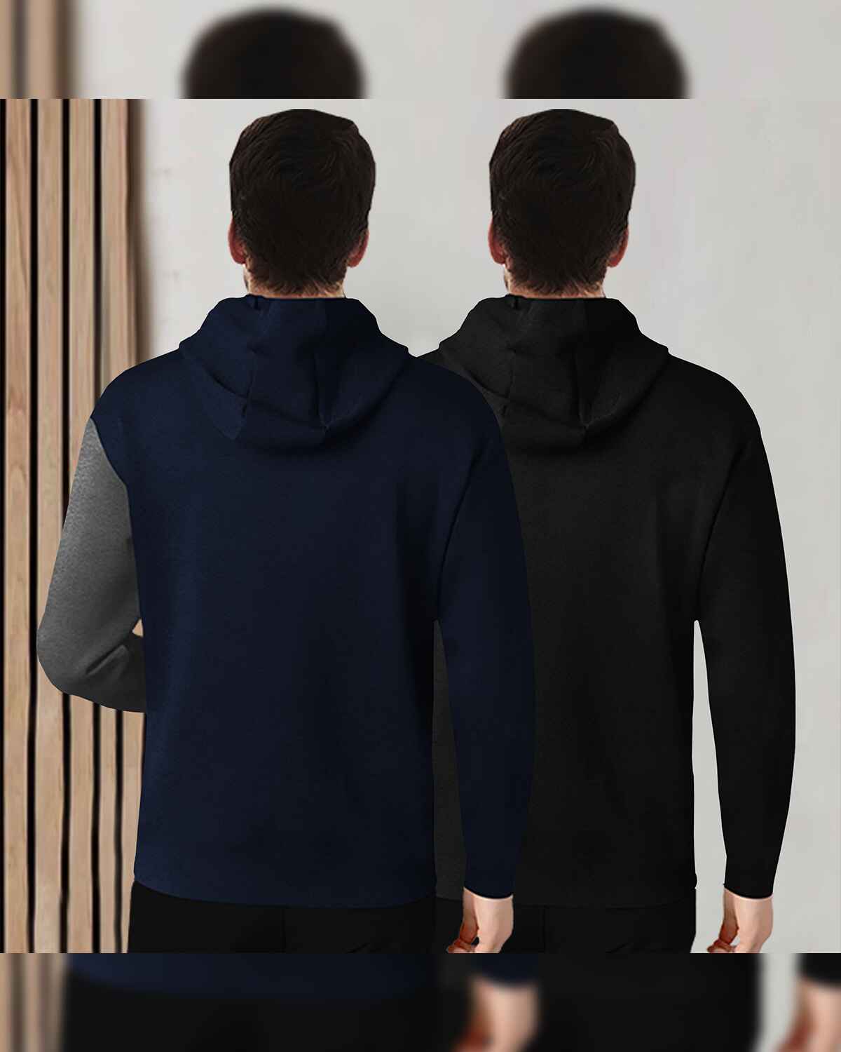 (Pack Of 2) Mens Printed Hooded Full Sleeve T-shirt / Navy & Black