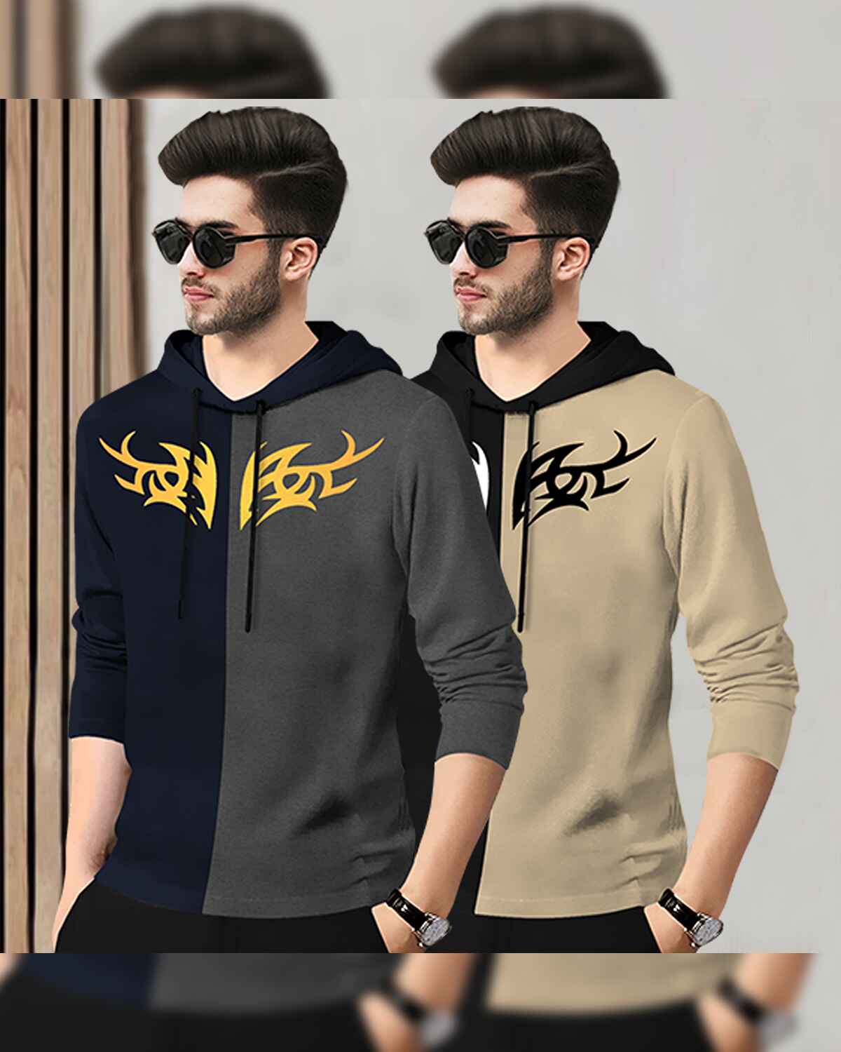 (Pack Of 2) Mens Printed Hooded Full Sleeve T-shirt / Navy & Black