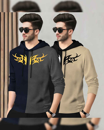 (Pack Of 2) Mens Printed Hooded Full Sleeve T-shirt / Navy & Black