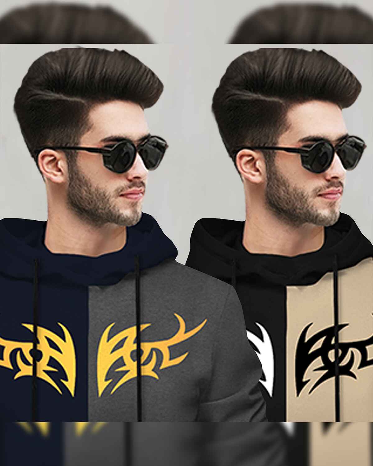 (Pack Of 2) Mens Printed Hooded Full Sleeve T-shirt / Navy & Black