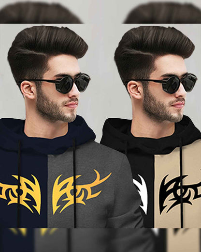 (Pack Of 2) Mens Printed Hooded Full Sleeve T-shirt / Navy & Black