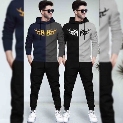 (Pack Of 2) Printed Tracksuit Navy & Black Hooded T-shirts - Matching Plain Trackpants