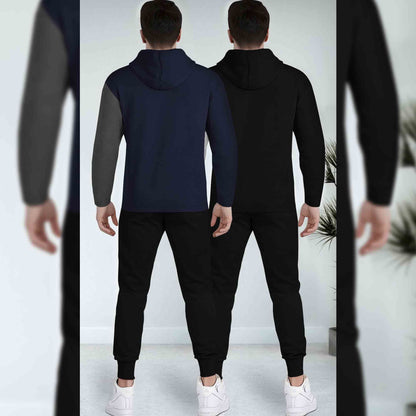 (Pack Of 2) Printed Tracksuit Navy & Black Hooded T-shirts - Matching Plain Trackpants