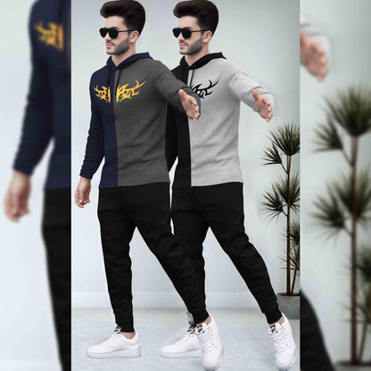 (Pack Of 2) Printed Tracksuit Navy & Black Hooded T-shirts - Matching Plain Trackpants