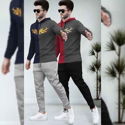 (Pack Of 2) Printed Tracksuit Navy & Red Hooded T-shirts - Matching Plain Trackpants