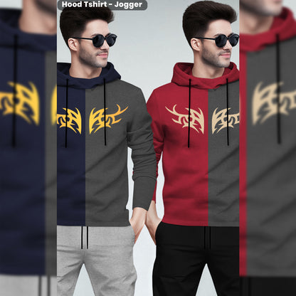 (Pack Of 2) Printed Tracksuit Navy & Red Hooded T-shirts - Matching Plain Trackpants