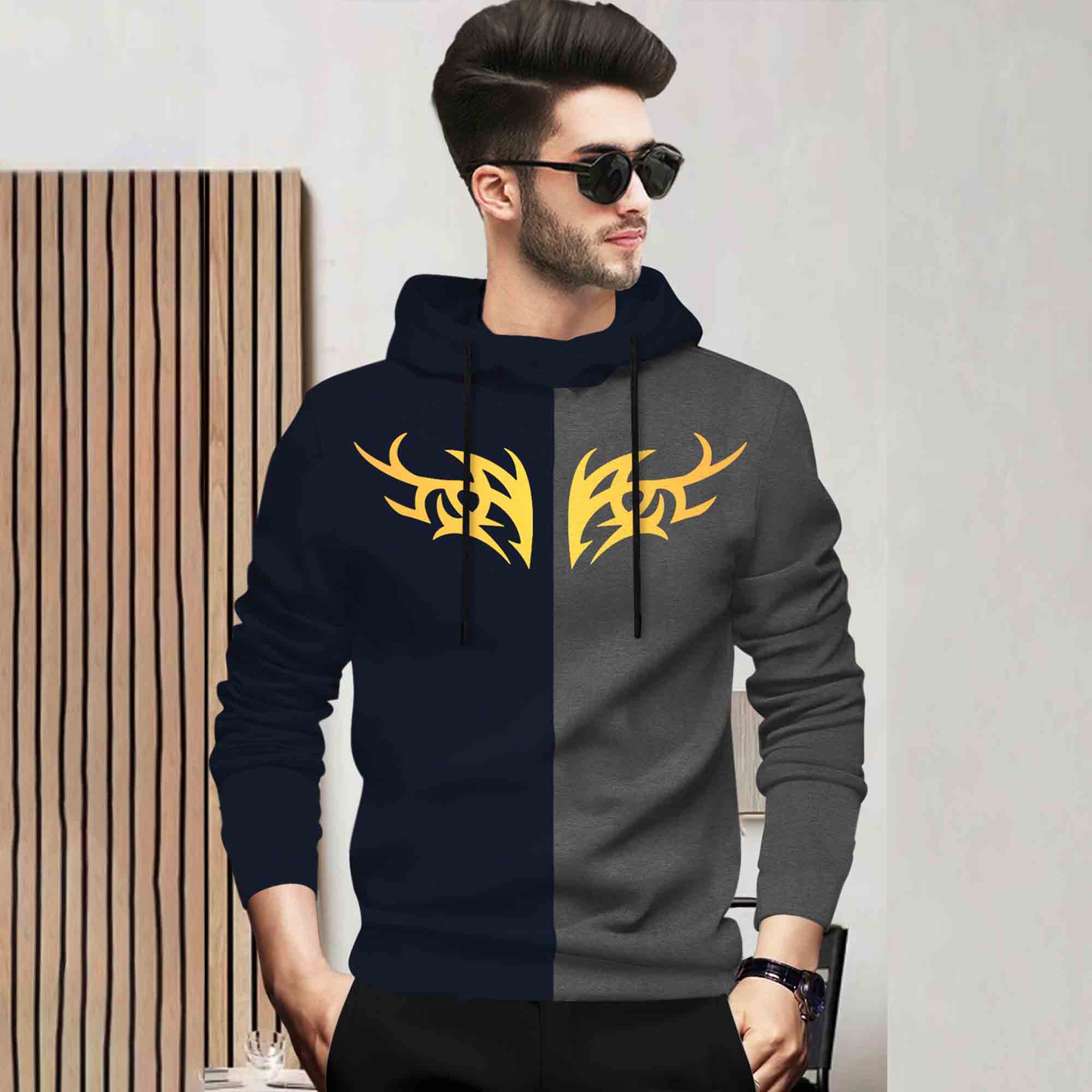 Mens Full Sleeve Hooded Neck Dual Color Printed T-shirt - 7 Variants
