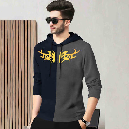 Mens Full Sleeve Hooded Neck Dual Color Printed T-shirt / Navy & Darkgrey