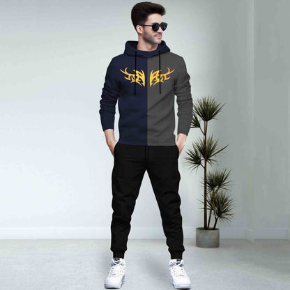 Dual Color Navy & Darkgrey T-shirt With Grey Matching TrackPant Hoodie Tracksuit