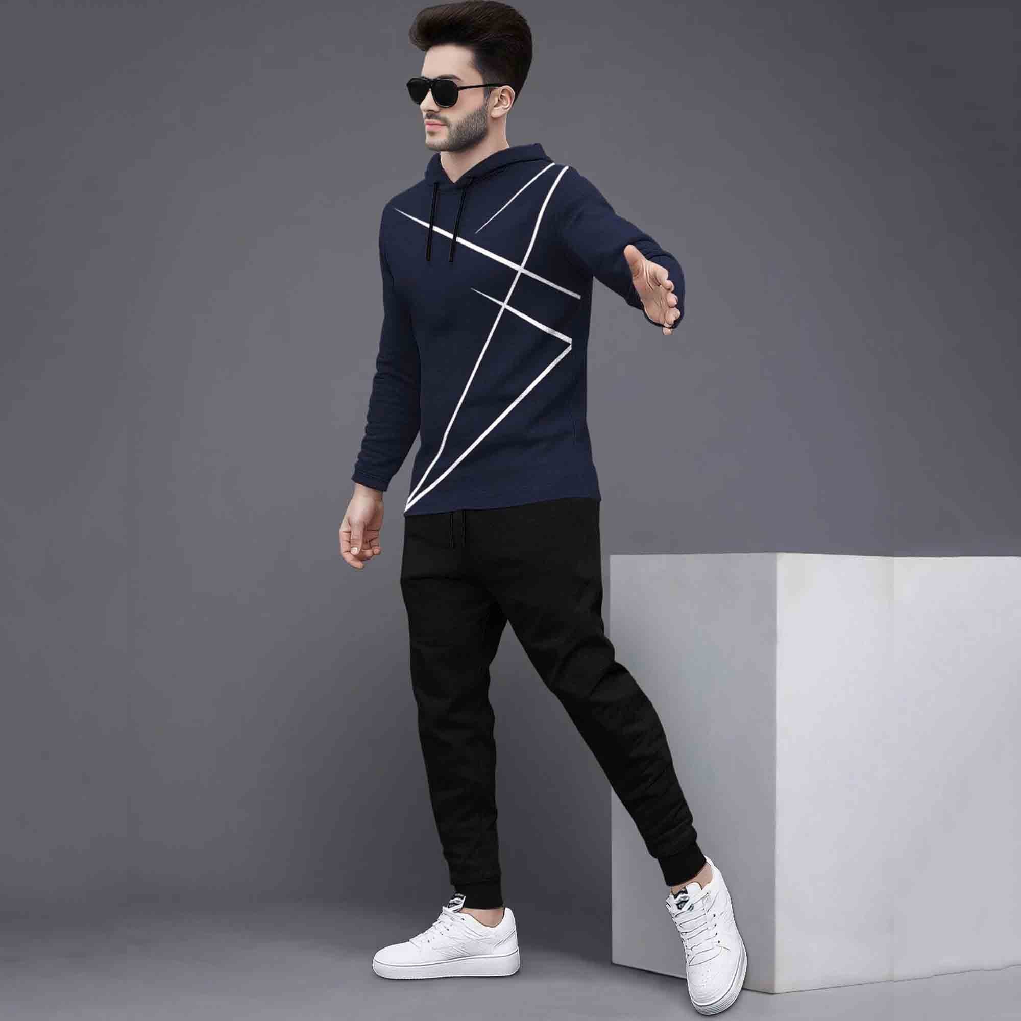 Full Sleeve ZigZag Parttern Navyblue T-shirt With Matching Trackpant