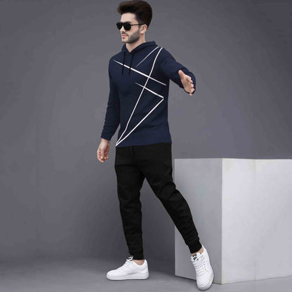 Full Sleeve ZigZag Parttern Navyblue T-shirt With Matching Trackpant