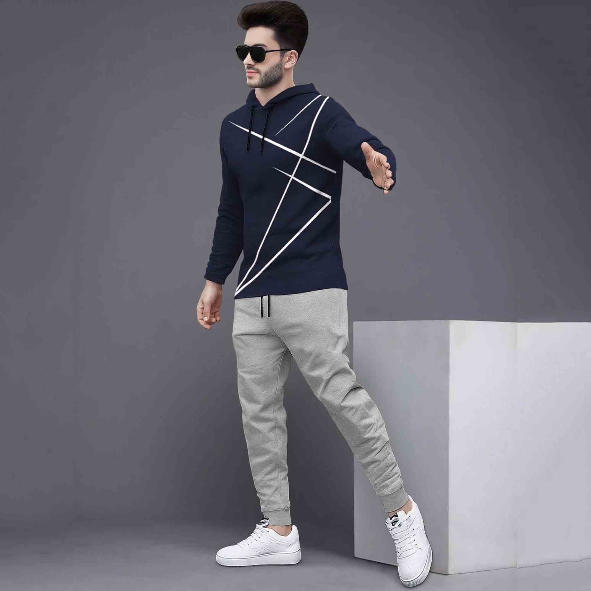 Full Sleeve ZigZag Parttern Navyblue T-shirt With Grey Matching Trackpant