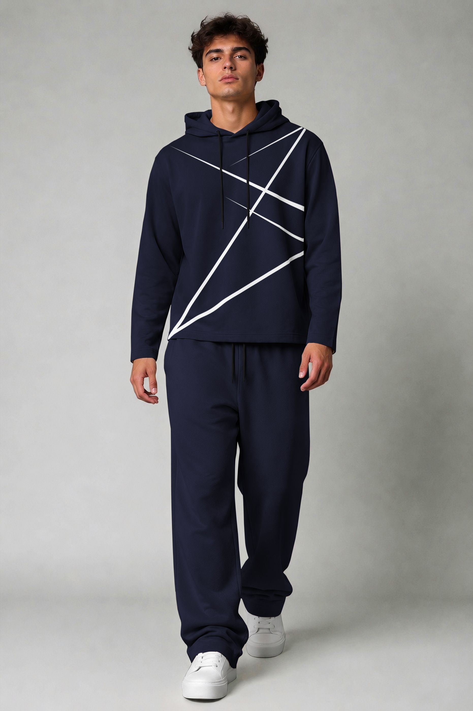 Mens Geometric Graphic Printed Hooded T-shirt And Plain Baggy Trackpant Outfit Set