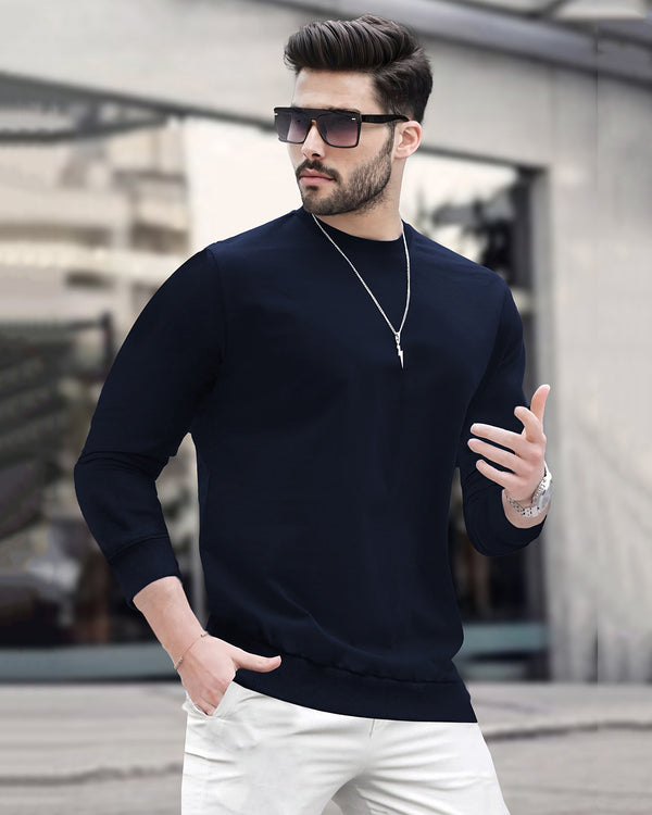 Mens Round Neck Full Sleeve Plain T-shirt / Navy Blue