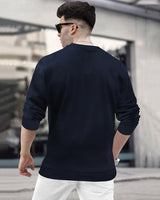 Mens Round Neck Full Sleeve Plain T-shirt / Navy Blue