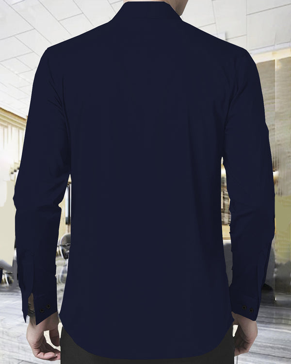 Men Double Pocket Navy Blue Full Hand Shirt