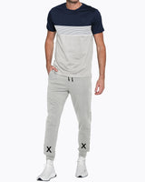 Mens Tracksuit - Colorblock Half Sleeve Navy White t-shirt / Grey Printed Trackpant