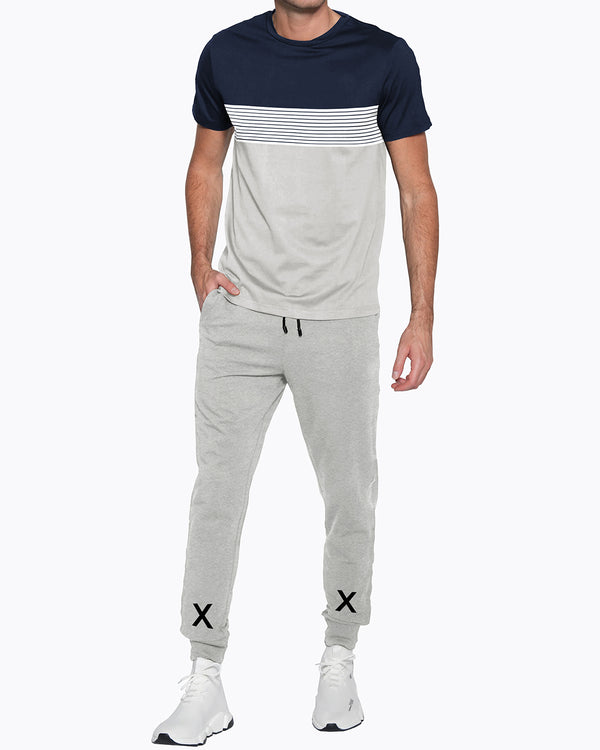 Mens Tracksuit - Colorblock Half Sleeve Navy White t-shirt / Grey Printed Trackpant