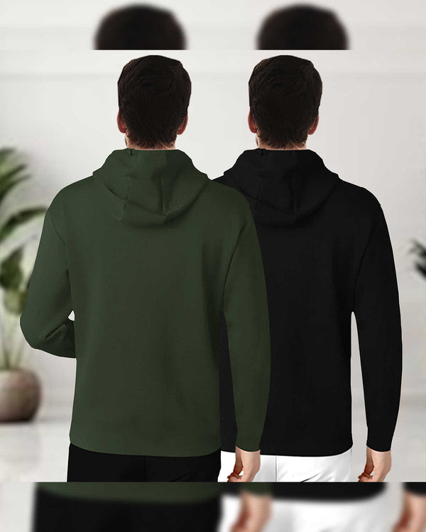 (Pack Of 2) Mens Full Sleeve Plain Hooded T-shirts / Olive & Black