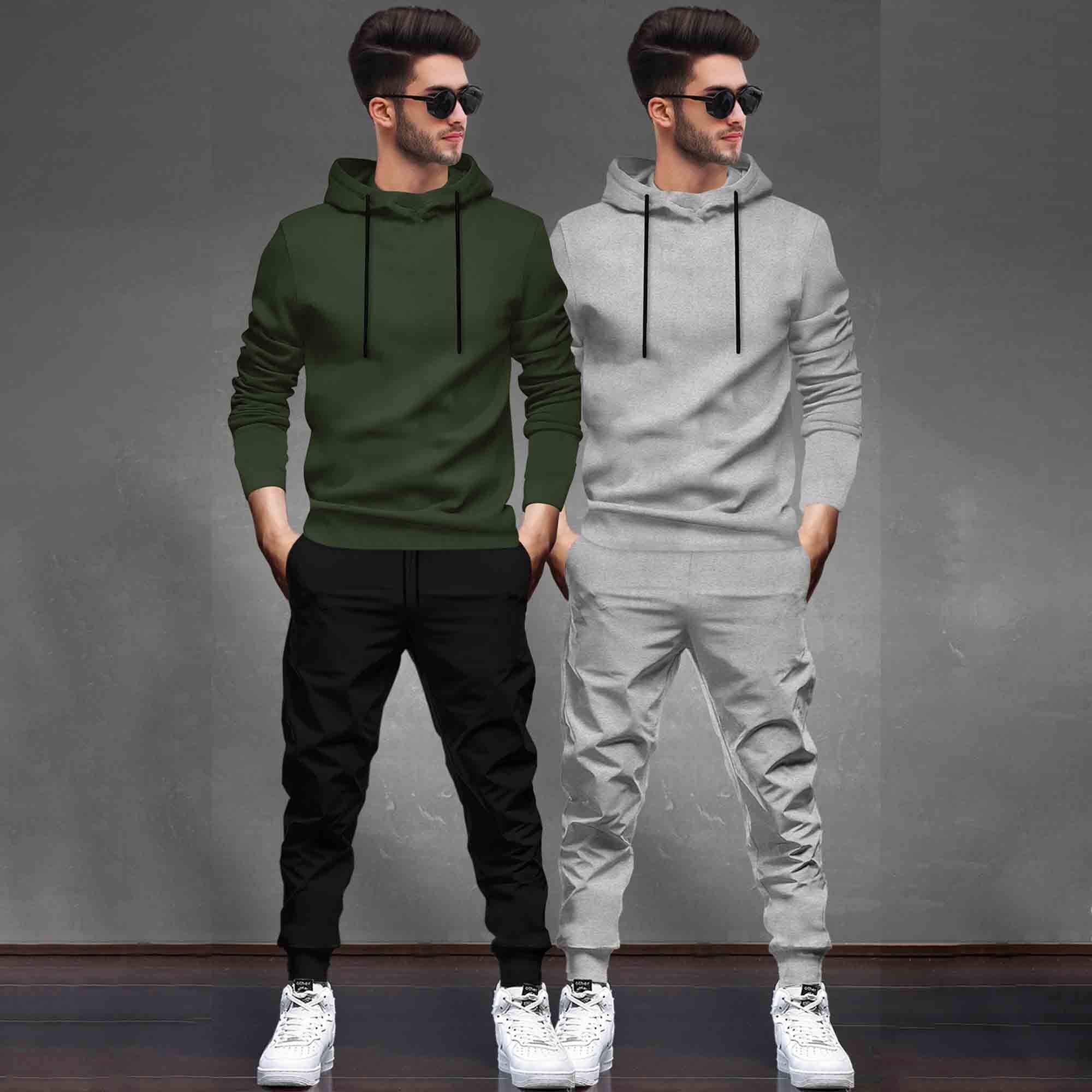 (Pack Of 2) Tracksuit Olive & Grey Hooded T-shirts / Matching Black Trackpants