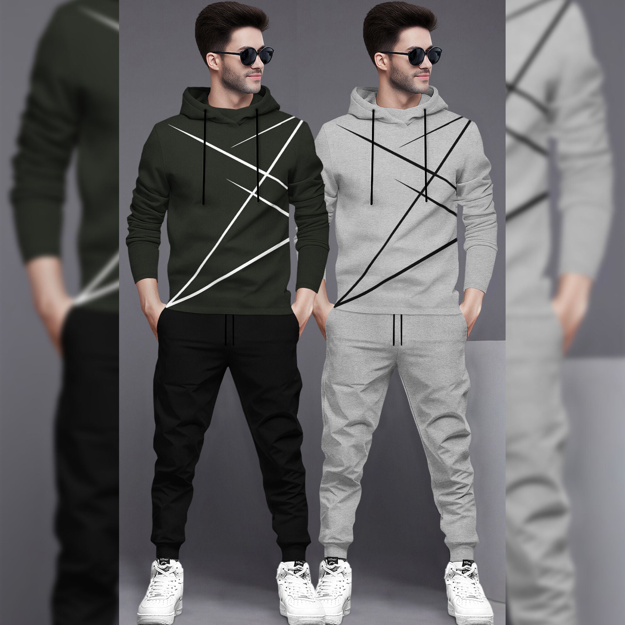 (Pack Of 2) Printed Tracksuit For Men Olivegreen & Grey