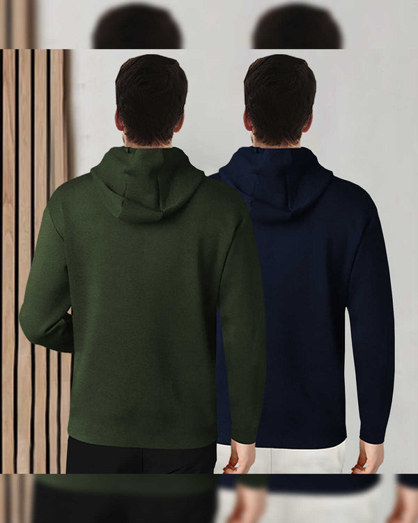 (Pack Of 2) Mens Full Sleeve Hooded Neck Printed T-shirt / Olive & Navy
