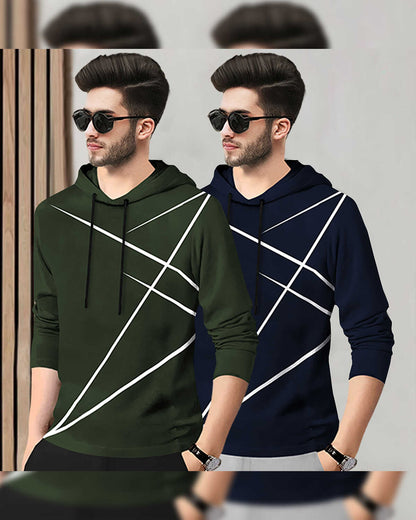 (Pack Of 2) Mens Full Sleeve Hooded Neck Printed T-shirt Olive & Navy