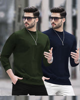 Mens Round Neck Full Sleeve Plain T-shirts (Pack Of 2) / Olive & Navy