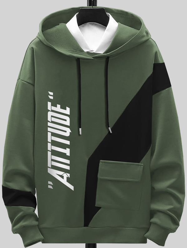 Boys Full Sleeve Typography Printed Olivegreen Hooded T-shirt