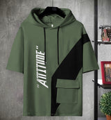 Boys Full Sleeve Typography Printed Olivegreen-Black Hooded T-shirt