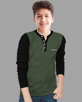 Boys Full Sleeve Henley Neck T-Shirt / Olive Green