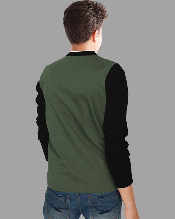 Boys Full Sleeve Henley Neck T-Shirt / Olive Green