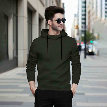 Mens Olivegreen Full Sleeve Plain Hooded T-shirt