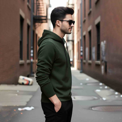 Mens Olivegreen Full Sleeve Plain Hooded T-shirt