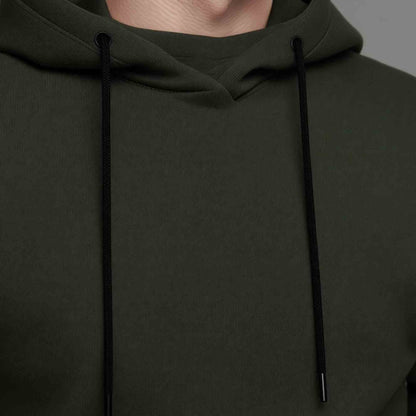 Mens Olivegreen Full Sleeve Plain Hooded T-shirt