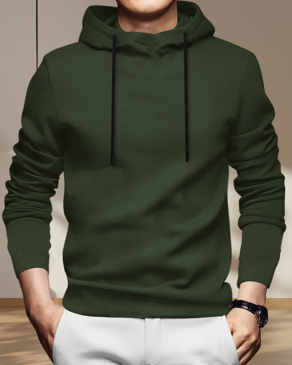 Mens Olivegreen Full Sleeve Plain Hooded T-shirt