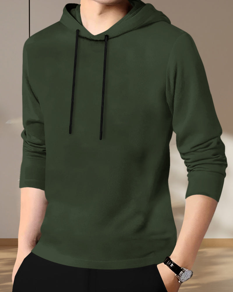 Mens Olivegreen Full Sleeve Plain Hooded T-shirt