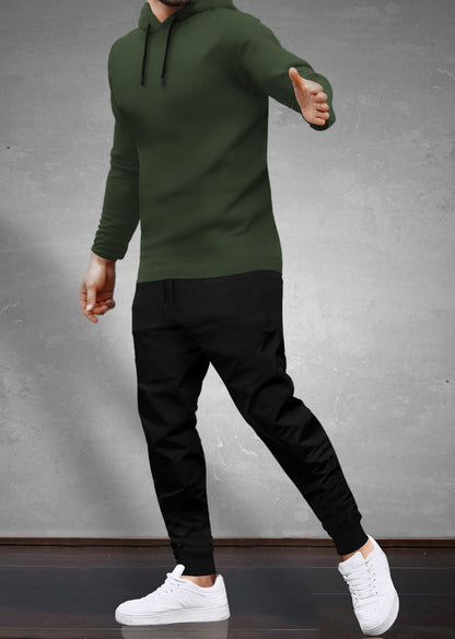 Olive   Green   Hooded   Full   Sleeve   T-shirt   with   Black   Trackpant   Tracksuit