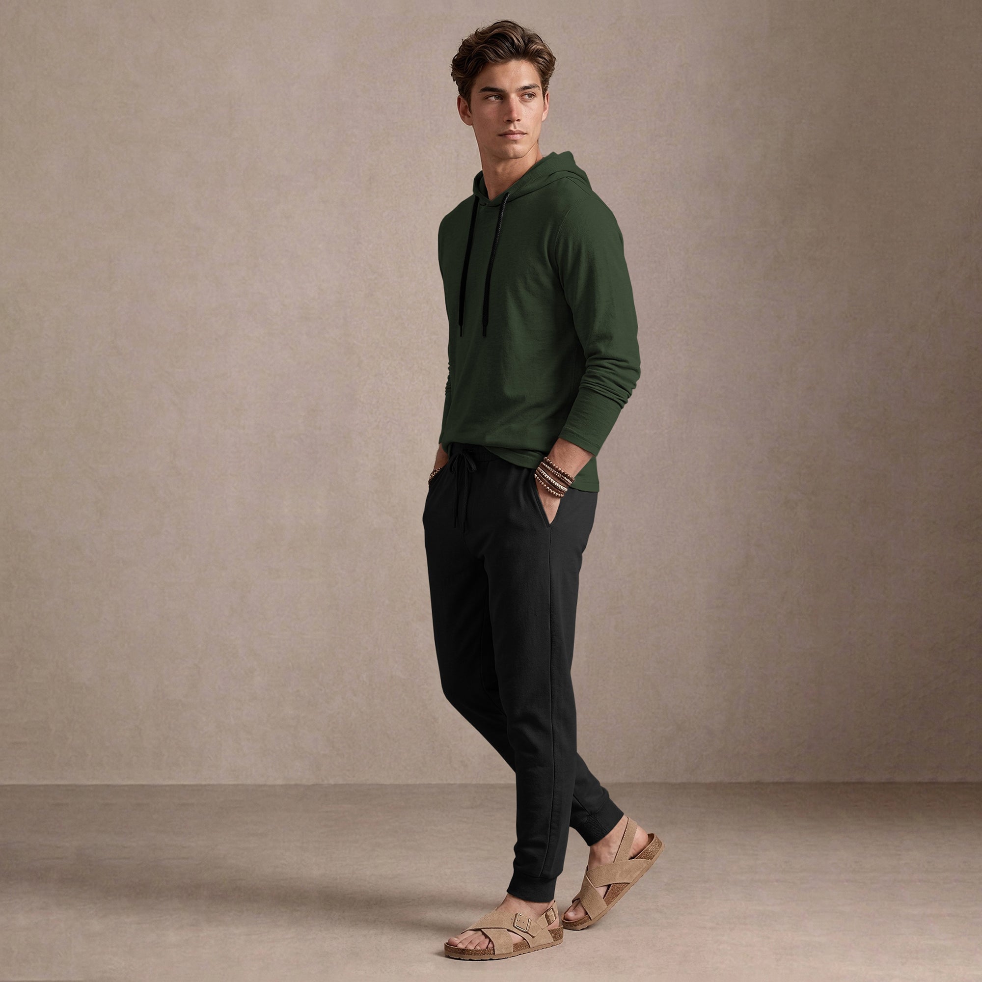 Olive Green Hooded Full Sleeve T-shirt with Black Trackpant Tracksuit