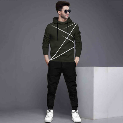 Full Sleeve ZigZag Parttern Olivegreen T-shirt With Matching Trackpant