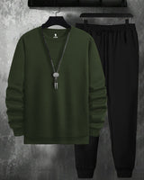 Mens Tracksuit - Full Sleeve Olive t-shirt / Black Trackpant