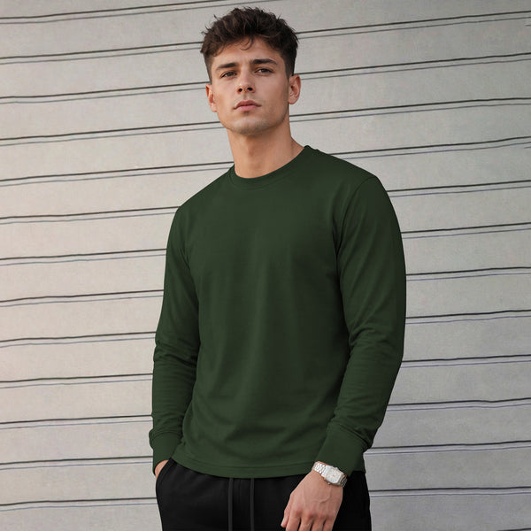 Mens Full Sleeve Round Neck Olive Green T-shirt