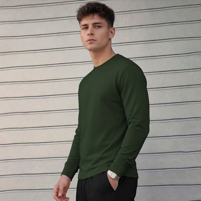 Mens Full Sleeve Round Neck Olive Green T-shirt