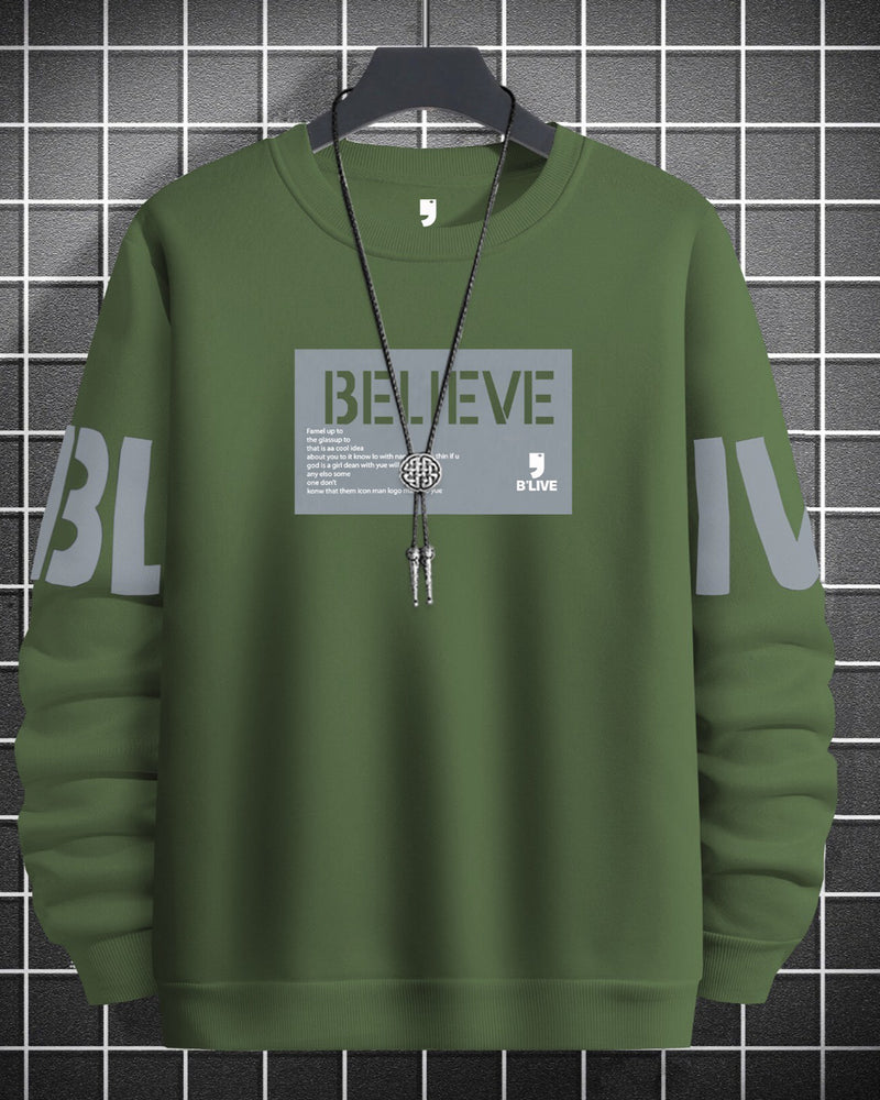 Believe Printed Sweatshirt-Olive