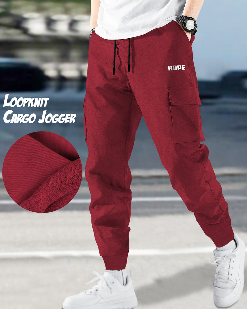 mens loopknit cargo jogger hope printed red