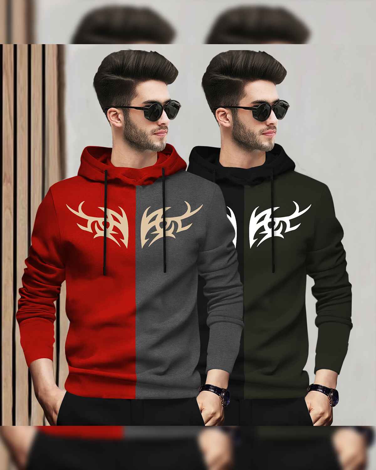 Pack Of 2 Full Sleeve Dual Color Printed Hooded T-shirts 7 Variants