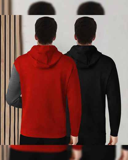 (Pack Of 2) Mens Printed Hooded Full Sleeve T-shirt Red & Black