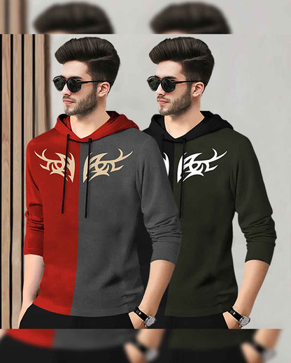 (Pack Of 2) Mens Printed Hooded Full Sleeve T-shirt Red & Black
