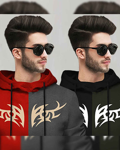 (Pack Of 2) Mens Printed Hooded Full Sleeve T-shirt Red & Black
