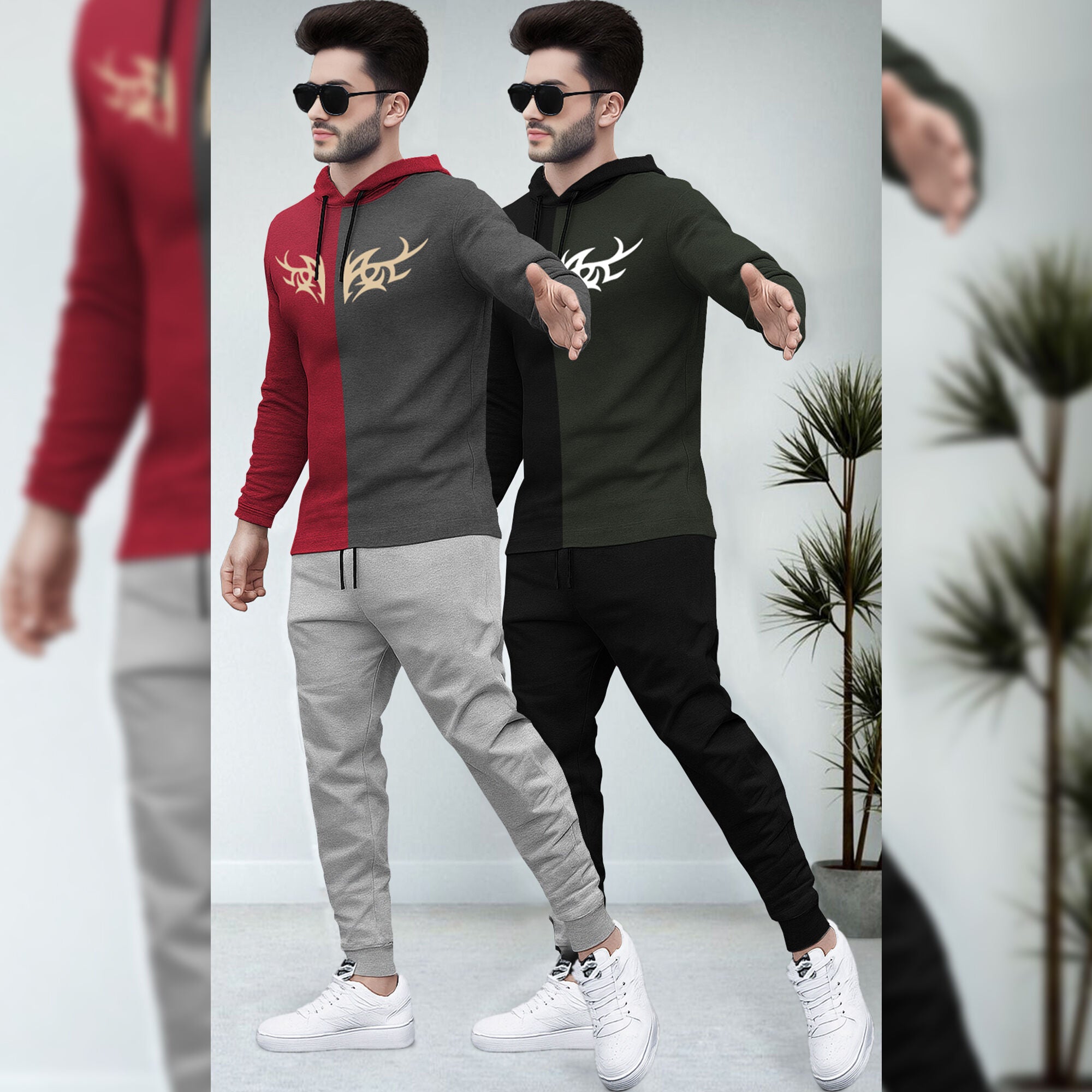 (Pack Of 2) Printed Tracksuit Red & Black Hooded T-shirts - Matching Plain Trackpants